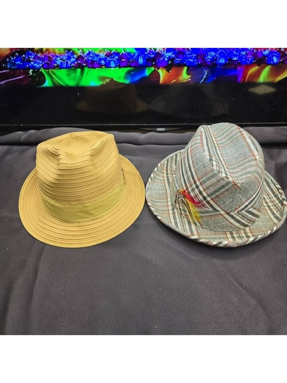 Vintage Fedora Hat Lot 2 Pack Tan Straw and JCPenney Plaid Tweed